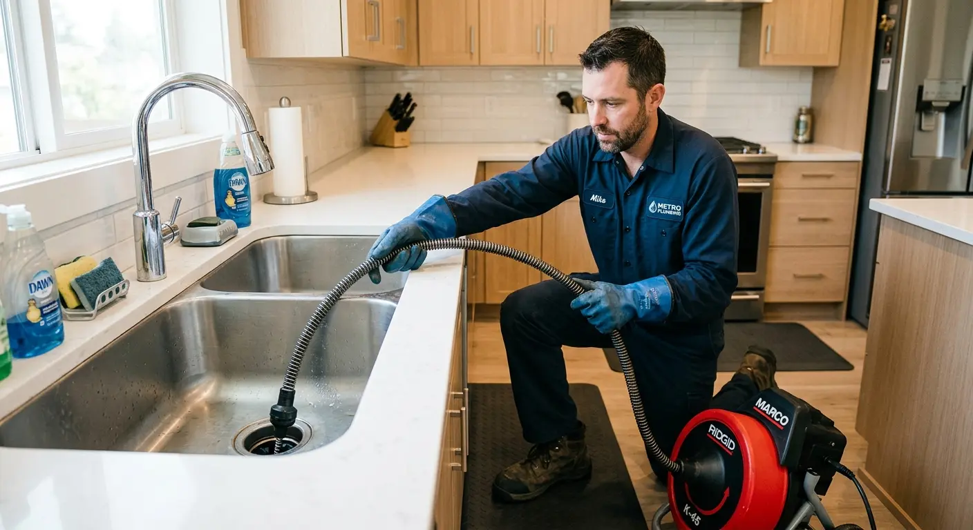 Drain cleaning technician using a motorized snake on a kitchen sink in Rahway