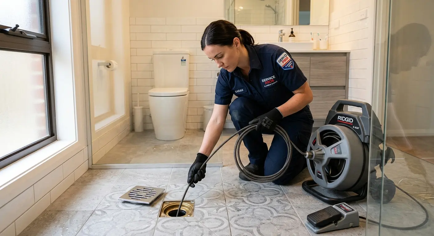 Technician clearing a bathroom floor drain for Hydro Jetting in Rahway